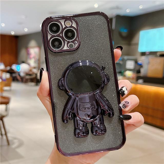 Fashion Glitter Astronaut Foot Stand Phone Case For iPhone 16 15 14 13 11 Pro XR Xs Max 12 Mini Plating Holder Cover On 7 8 Plus