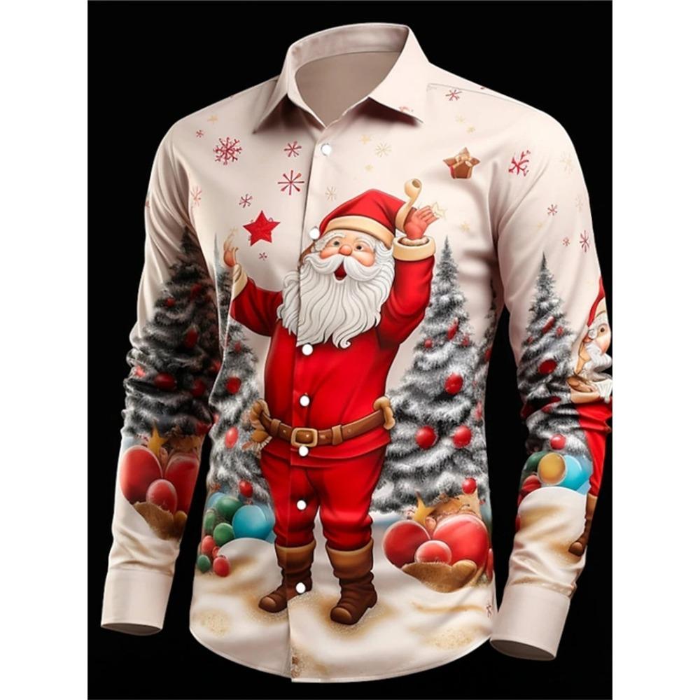 Christmas Santa Claus Printed Long Sleeve Shirts For Men New In Turn Down Collar Button Up Dress Shirts Mens Casual Blouse