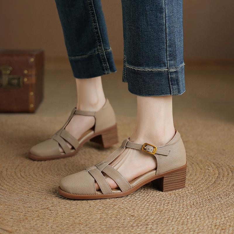 Fashion 2025 New Fashion Classics Genuine Leather Sandals Woman Thick High Heels Sandals Office Ladies Dress Summer Shoes Heels Women