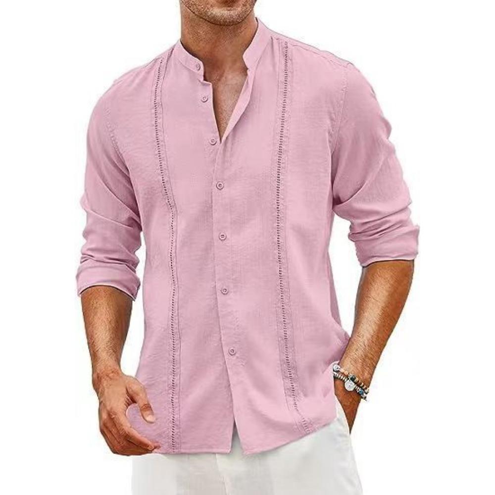 Men's Cotton and Linen Solid Color Casual Long Sleeved Shirt