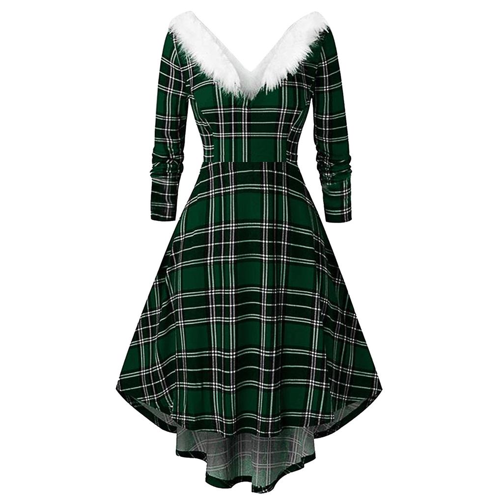 Women's Fashion Retro Christmas Print Dress Ladies Long Sleeve Dress Irregular Design