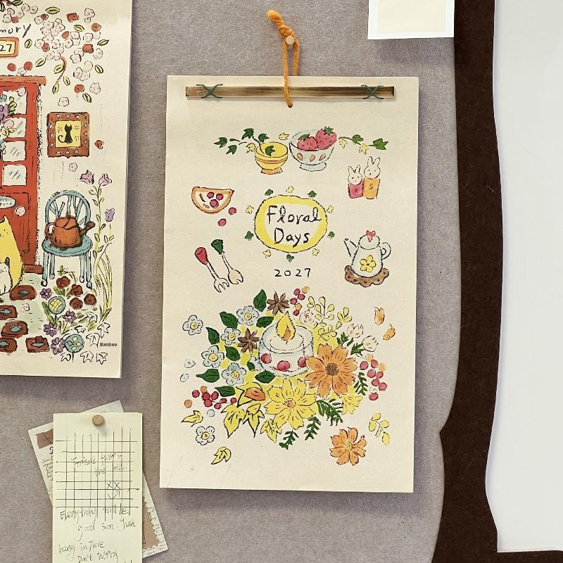 2027 Wall Hanging Calendar Pre-punched Holes Hand Drawn Afternoon Tea Floral Patterns for Home Use