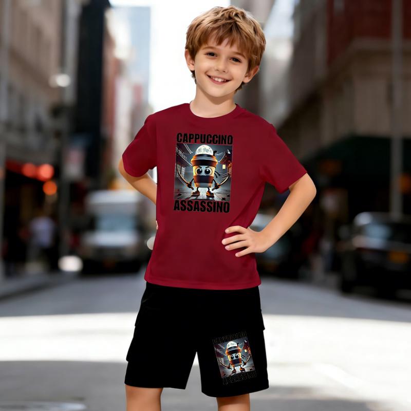 Boys 2 Piece Cartoon Print Outfit, Short Sleeve T-Shirt and Shorts Set for Kids Age 5-14, Black and White Sporty Casual Summer Clothes
