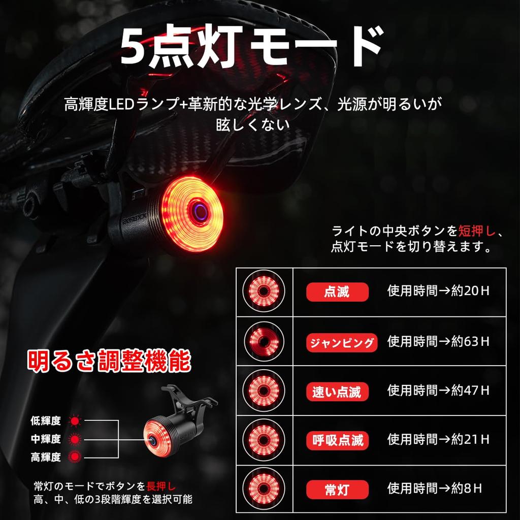 ROCKBROS Bicycle Rear Light with and Light 5 Lighting 63 Hours of Continuous Adjustable IPX5 for Road and Cross Bikes Taillight, Auto-On Brake,