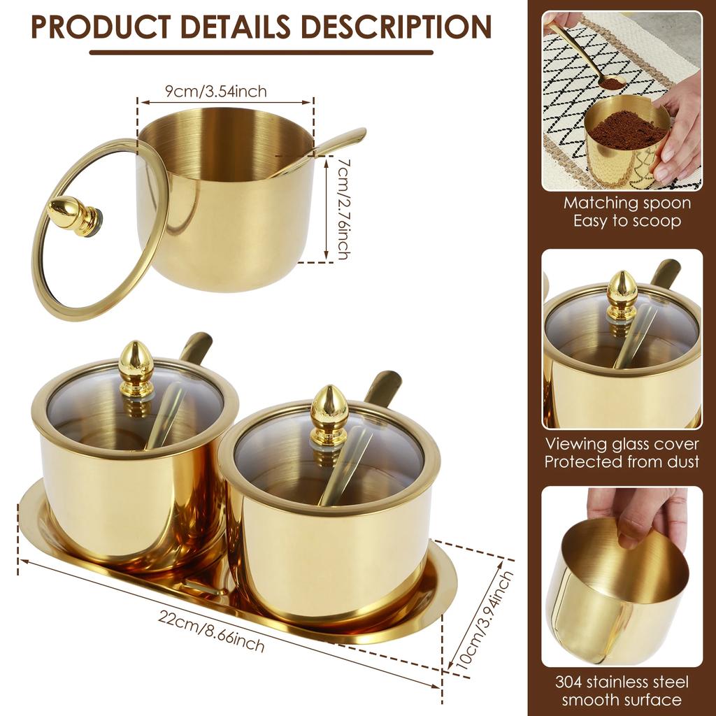Stainless Steel Sugar Bowl Set with Glass Lid Spoon and Tray Rustproof Seasoning Box Round Condiment Pots Polished Shiny Sugar