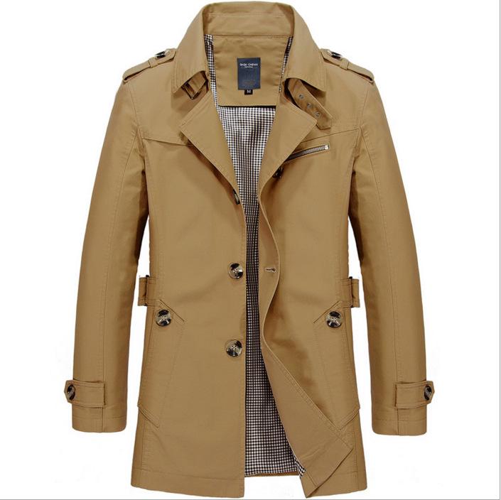 Men's Washed Cotton Fleece-Lined Mid-Length Trench Coat - Casual Autumn/Winter Outerwear