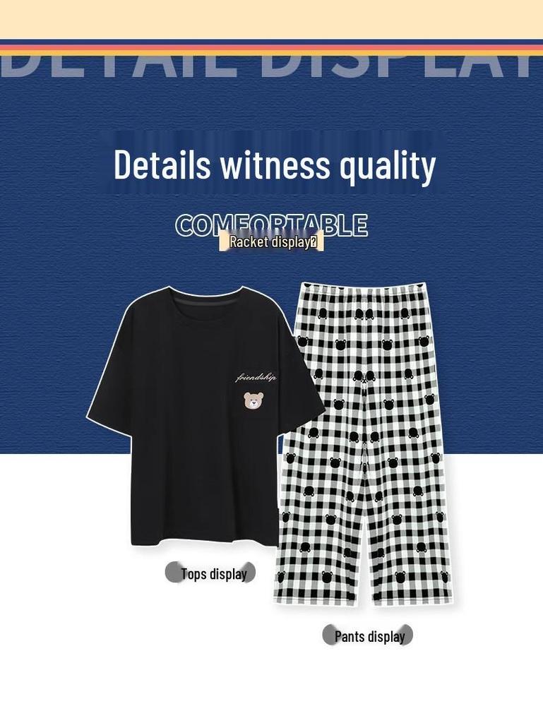 Women's Summer Plaid Capri Pants and Short-Sleeve Top Set - Plus Size Literary Style Homewear