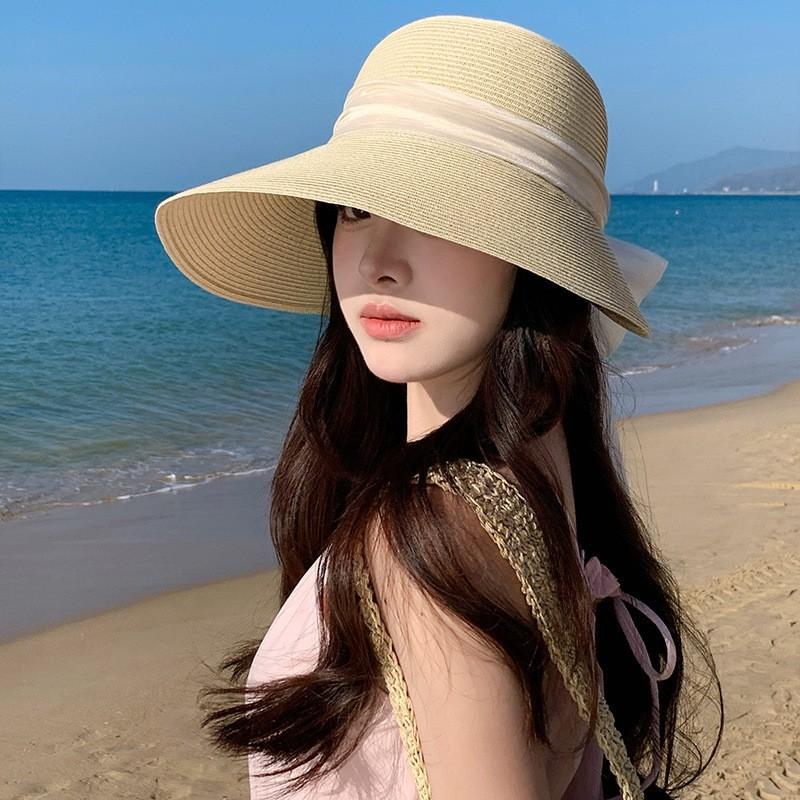 Womens Wide Brim Lace-Up Straw Hat Beach Travel Sun Protection Floppy