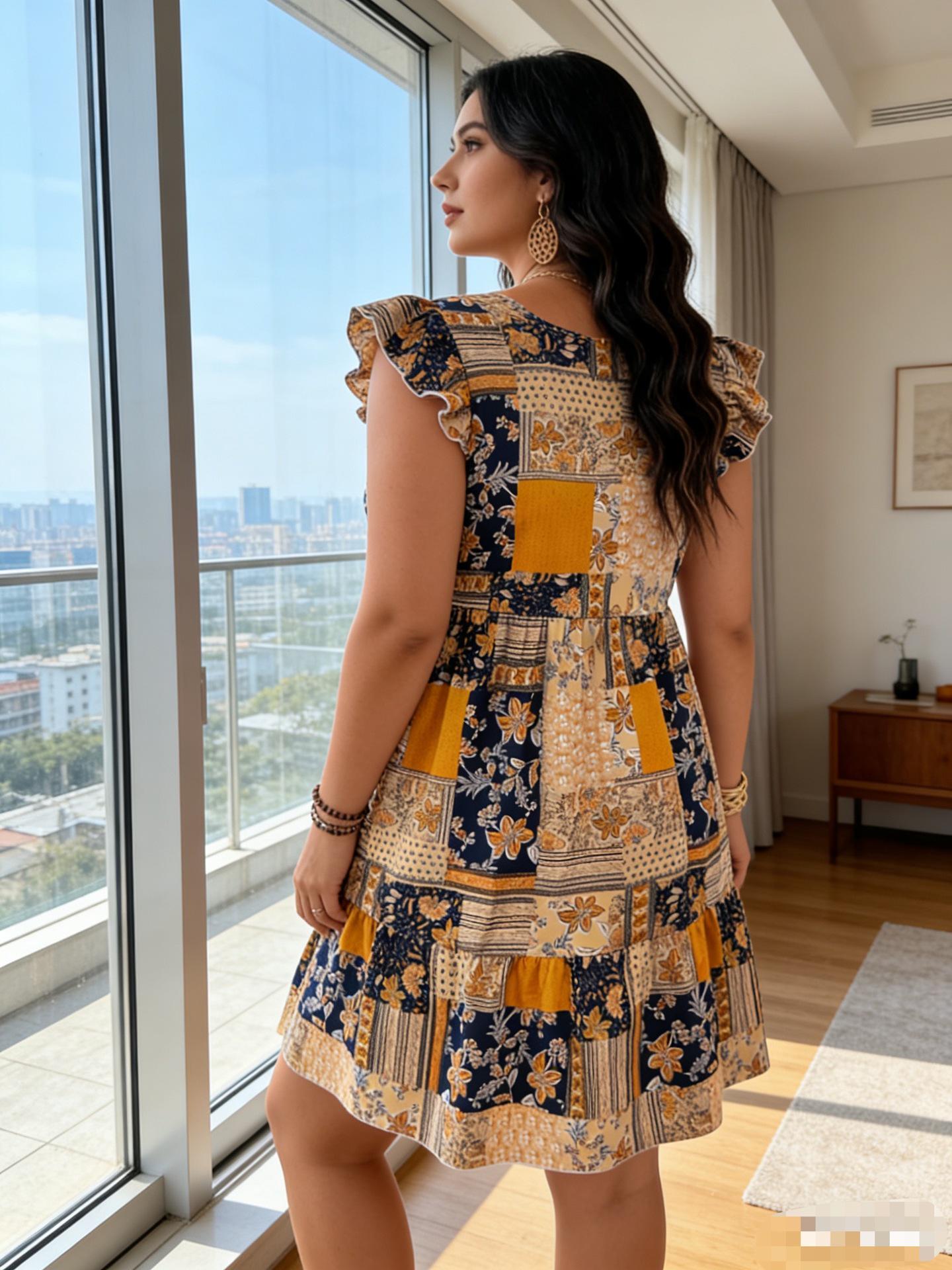 Plus Size Floral Patchwork Flutter Sleeve A-line Dress - Vintage Casual Style 5XL