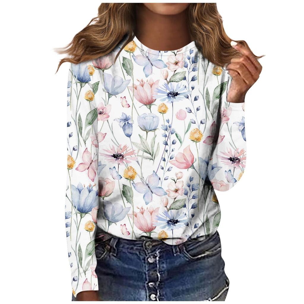 Damenmode, lässig, langärmelig, bedruckt, Rundhalspullover, Top-Bluse