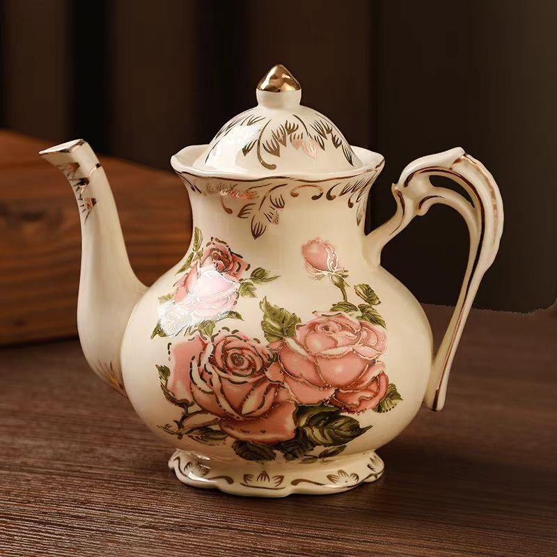 Rose Ceramic Teapot / Cup Saucer - Gold Trim Coffee Pot - Elegant Afternoon Tea Gift