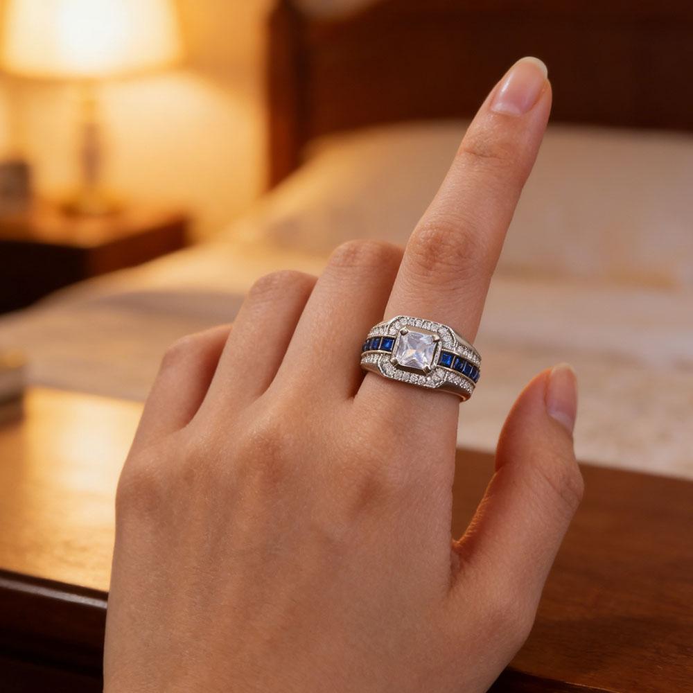 Square Cut White CZ Ring - CopperTone Blue Sapphire Accent Pave Statement Ring for Men & Women