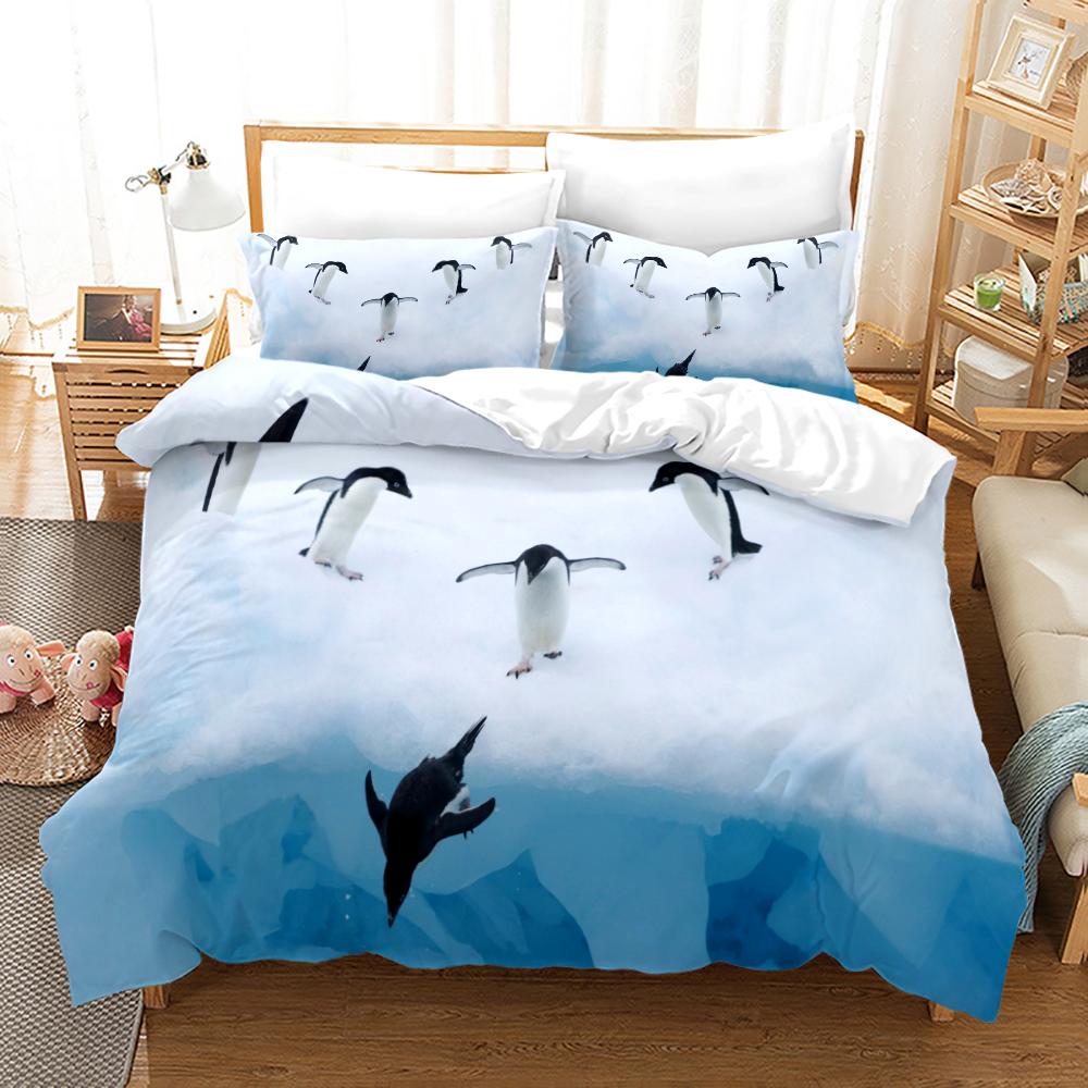 Antarctic Penguins Duvet Cover Set For Kid Girl Boy Cute Animals Polyester Comforter Cover Black White Print Bedspread King Size