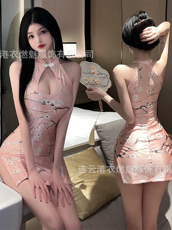 New Sexy Dress Underwear Split Sleeveless Printed Cheongsam Nightclub Tight Uniform Dress Elegant Sweet Women Tops Qs8S