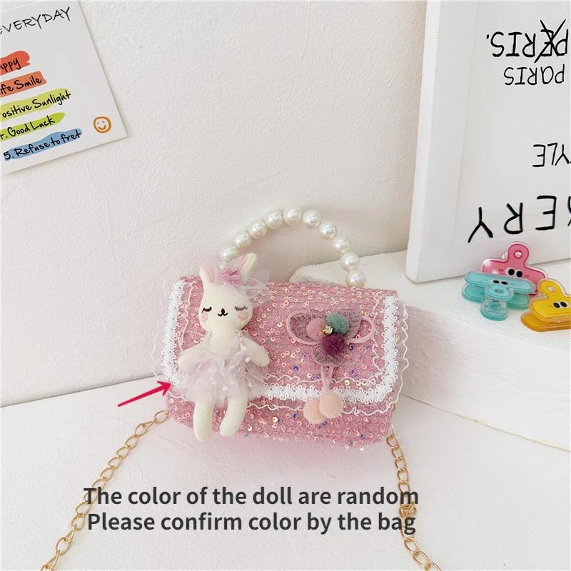 Cute Carto Doll Children's Shoulder Bags Fashi Pearl Handle Princess Girl Messenger Bag Sweet Novel Kid Change Purse Handbag