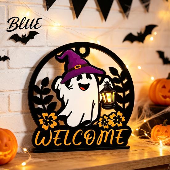 Rustic Pumpkin Door Decor Halloween Ghost Round Wooden Welcome Hanger Wall Plaque Tiered Tray Ornaments with Rope Hanging for Front Living