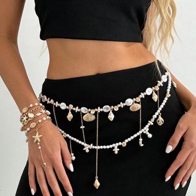 Bohemia Imitate Pearl Shell Conch Pendant Tassel Waist Chain Women Fashion Keychain Bracelet Beach Vacation Ocean Jewelry Set