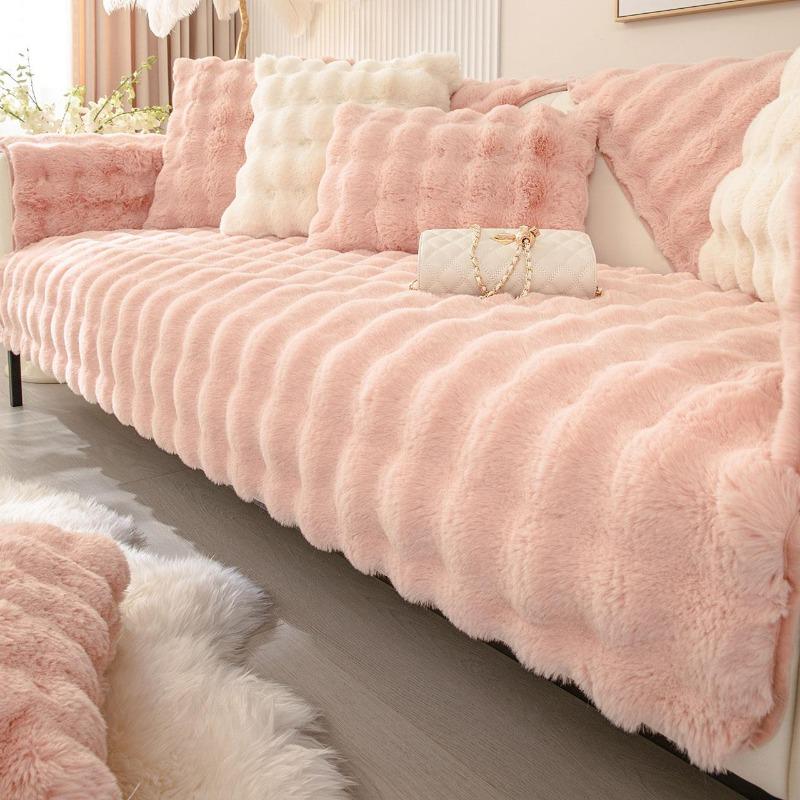 Чехол для дивана из искусственного меха кролика, нескользящий и пылезащитный, толстый, мягкий, для защиты мебели pillowcase 45x45 розовый