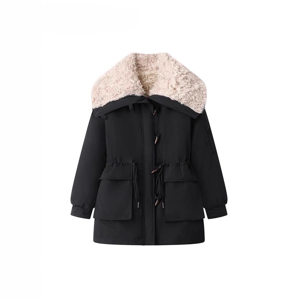 Lamb Wool Big Lapel Horn Buckle Waist-closing Tooling Plus Cashmere Girl New Thickening In Winter To Overcome