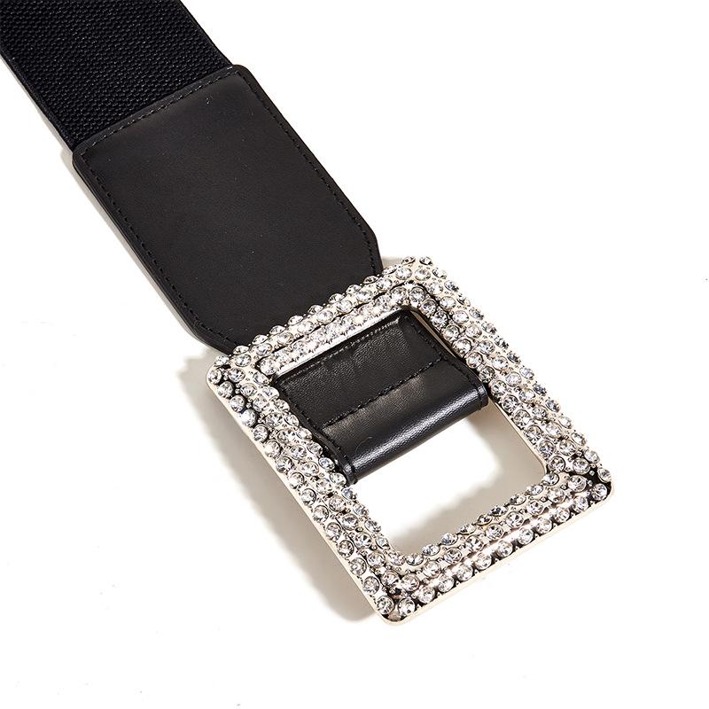 Women's High-End Black Leather Rhinestone Buckle Elastic Waist Belt for Coats and Dresses