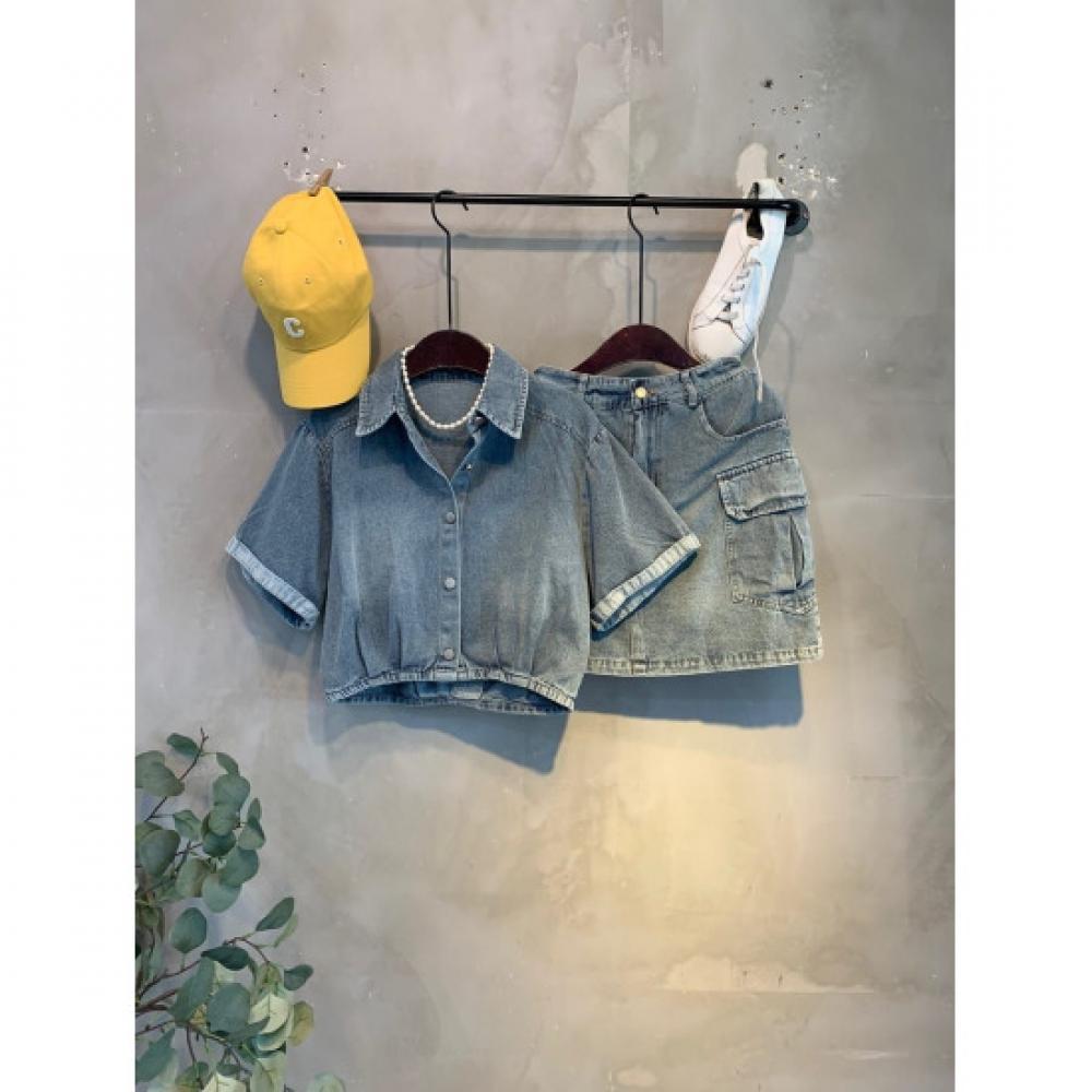 C S In The Room Women S Fitz Denim Crop Short SleeveS Shirt Cargo Skirt Set 2Col