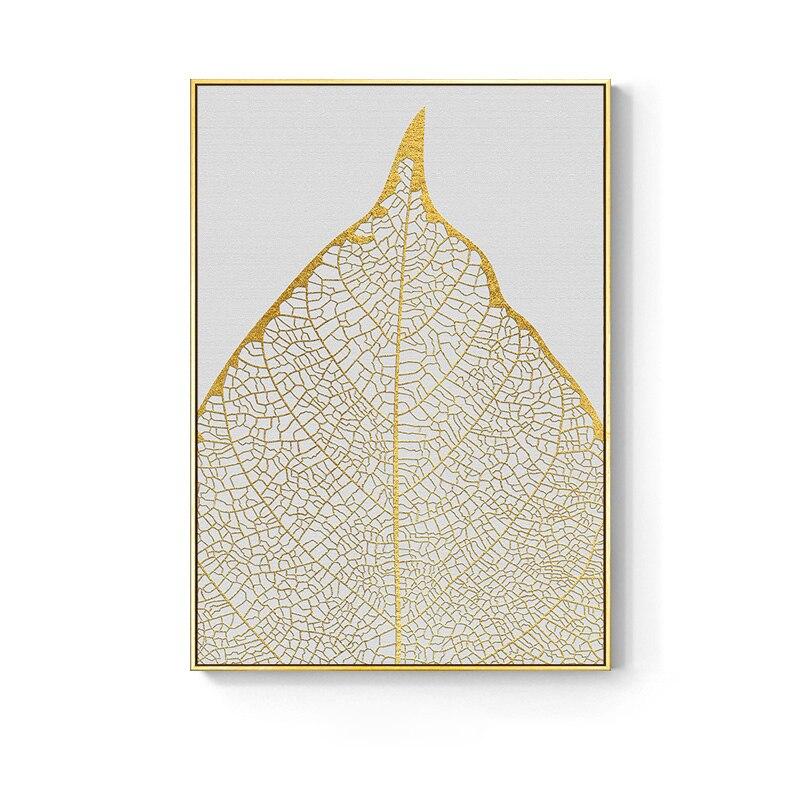 Simple Golden Abstract Leaf Wall Art Canvas Painting Feather Poster Picture Living Room Home Decoration