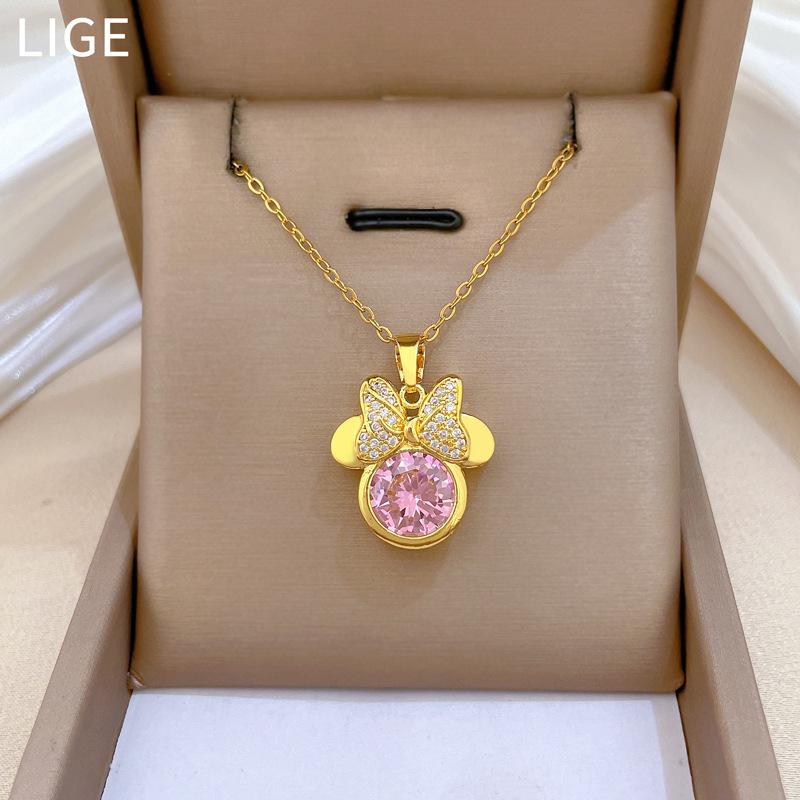 Bow Cat Set Light Luxury Temperament Gorgeous Full Diamond Necklace Female Versatile Collarbone Titanium Steel Chain