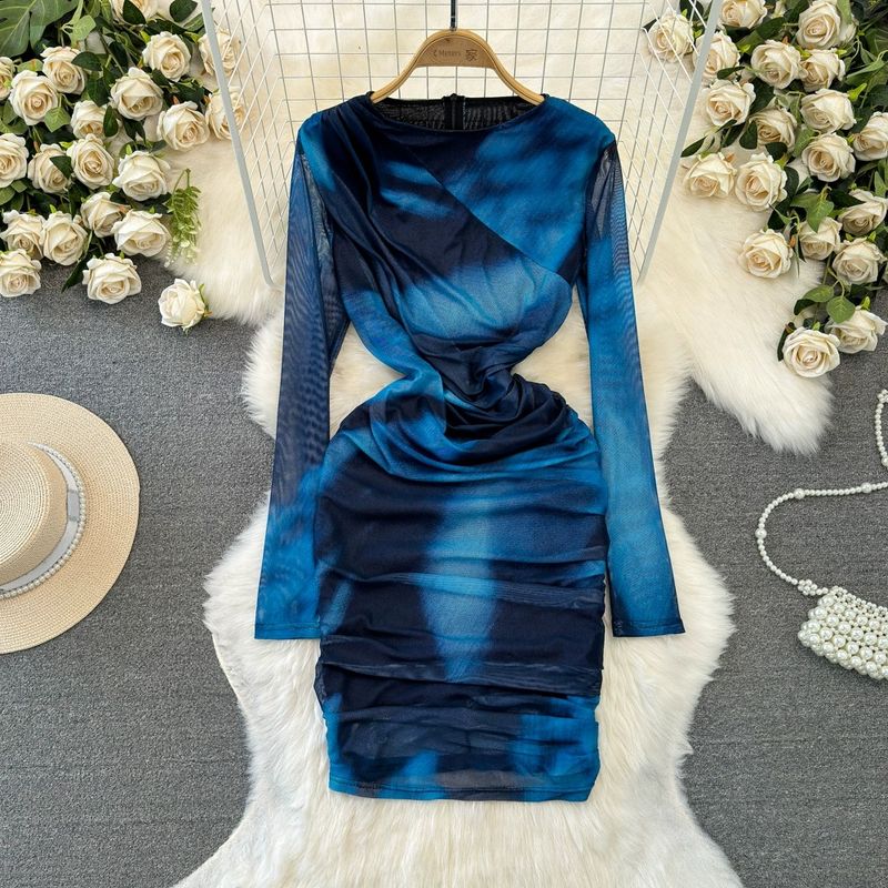 Fashion Fashion Long Sleeve Blooming Print Dress Mesh