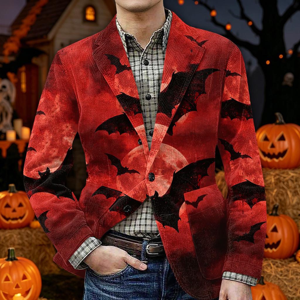 Herren Halloween Print Corduroy Warme Blazerjacke mit Taschen Lässiger Anzugmantel Knopfleiste Vorne Langarm Oberbekleidung