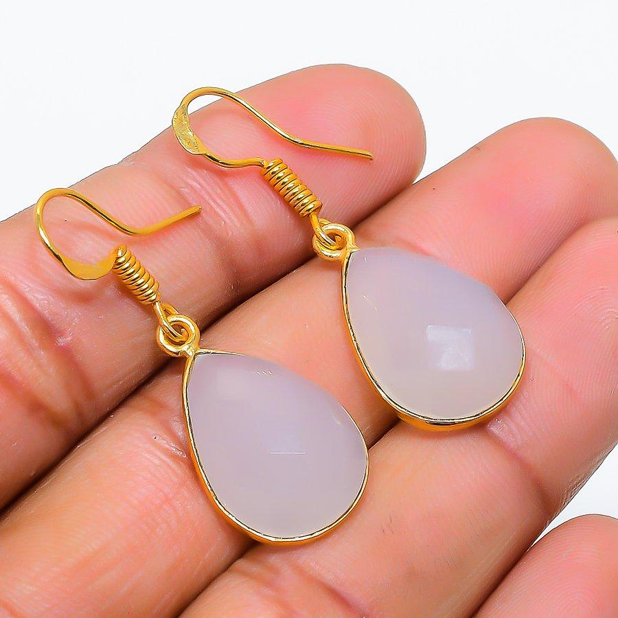 Aqua Chalcedony Gemstone 925 Solid Sterling Silver Jewelry Earring 1.38" GK-5864