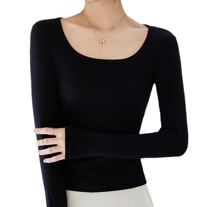 Women's Modal Low-Neck Backless Slim Fit Long-Sleeve Plus Velvet Tee for Autumn and Winter