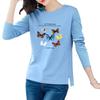 Women's 100% Cotton Long-Sleeve Printed Split T-Shirt, Round Neck, Loose Fit for Spring and Summer