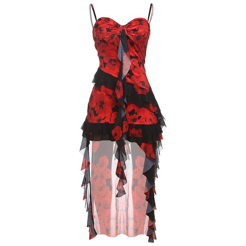 

Mesh Printed Dress European and American Women clothes New Sexy Mesh Slim fit Trailing Print Sling Dress Red S