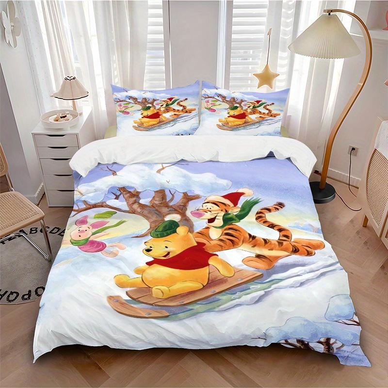 Set Biancheria da Letto Natalizia con Winnie the Pooh e Amici, 3 Pezzi, Include Copripiumino e Federe, Adatto a Tutte le Stagioni S094