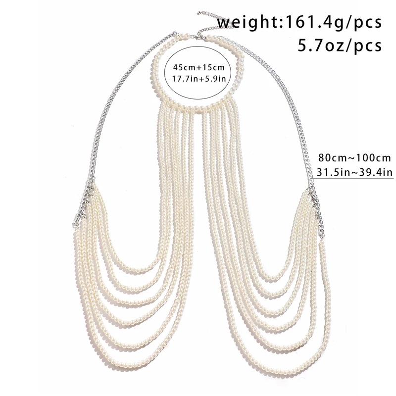 

Fashion Multi Layers Imitation Pearl Beads Long Tassel Necklace Body Chain for Men Punk Chest Shoulder Chain Festival Jewelry