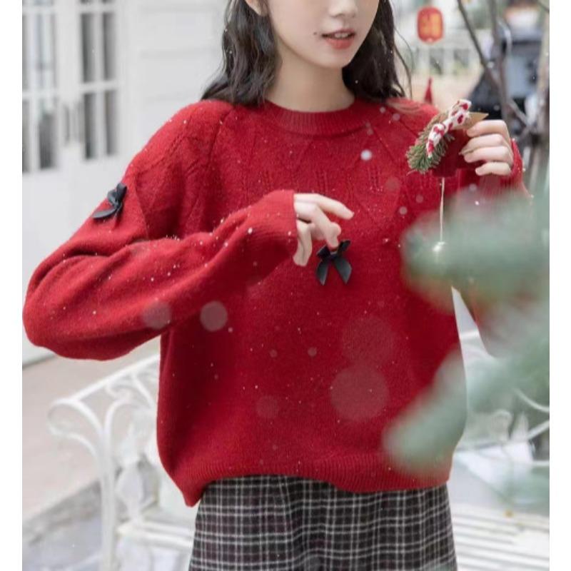 Autumn and winter tops, bow sweaters, round necks, chic women's small knitted bottoms