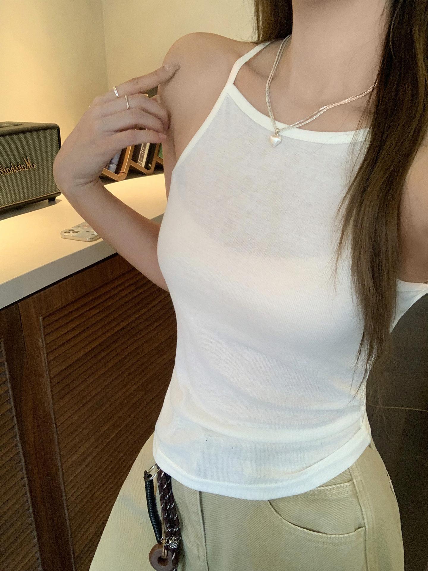 

Navy blue round neck front shoulder bottom long-sleeved T-shirt women s autumn new inner sling vest top two-piece set L білий