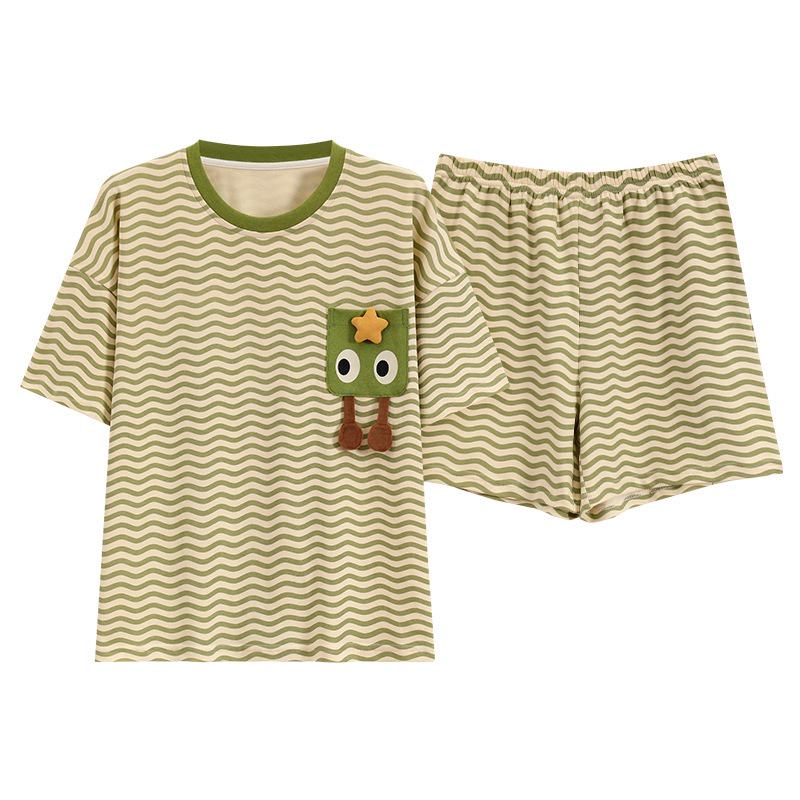 2025 Women's Short-Sleeved Summer Pajamas with Chest Pads - Cute Cartoon Style