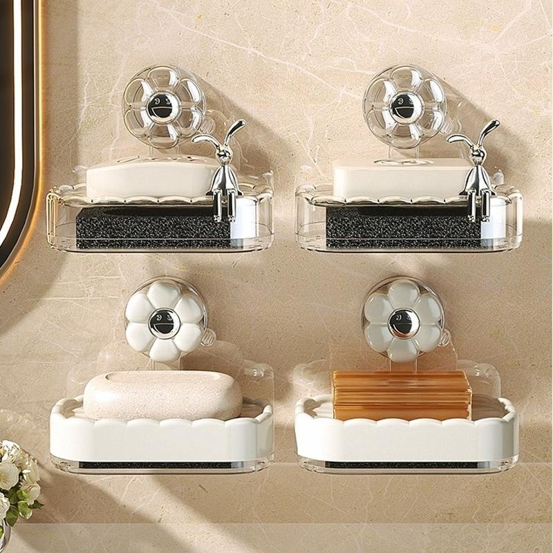 Suction Cup Soap Box, Wall-mounted Soap Box, Shelf, No Need for Drilling, Home Bathroom, Draining, Double-layer Bathroom Storage