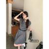 French Gray Polka Dot Bubble Sleeve Dress Women's Summer Bow Design Sense Temperament Sweet Waist Short Skirt