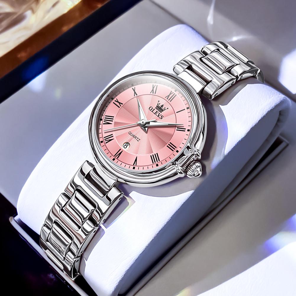 OLEVS Women Quartz Watch Fashion Rose Gold Stainless Steel Strap Waterproof Analog Wristwatch with Calendar Reloj Hombre