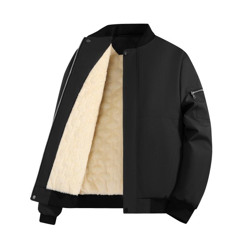 Men's Autumn and Winter Jacket Casual Stand-up Collar Plus Velvet Thickened Solid Color Zipper Long-sleeved Top