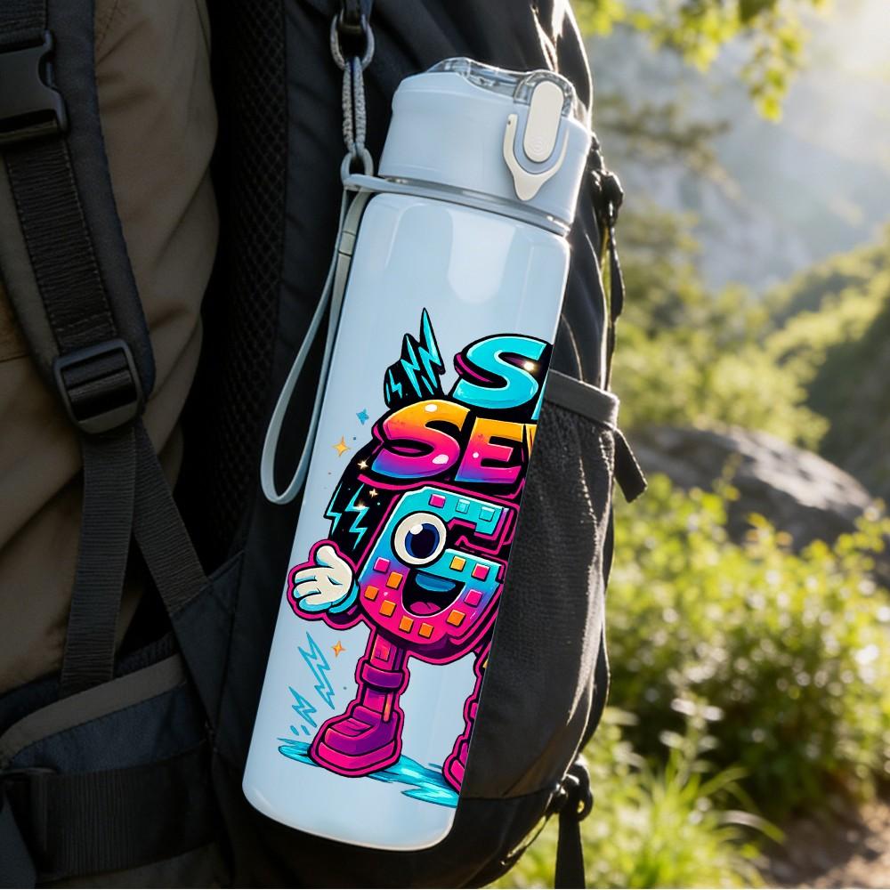 1PC Six Seven Bright Graffiti Cartoon Print 750ml Color Plastic Sports Water Bottle Leakproof Flip Straw Lid Suitable for Sports Office Home Use