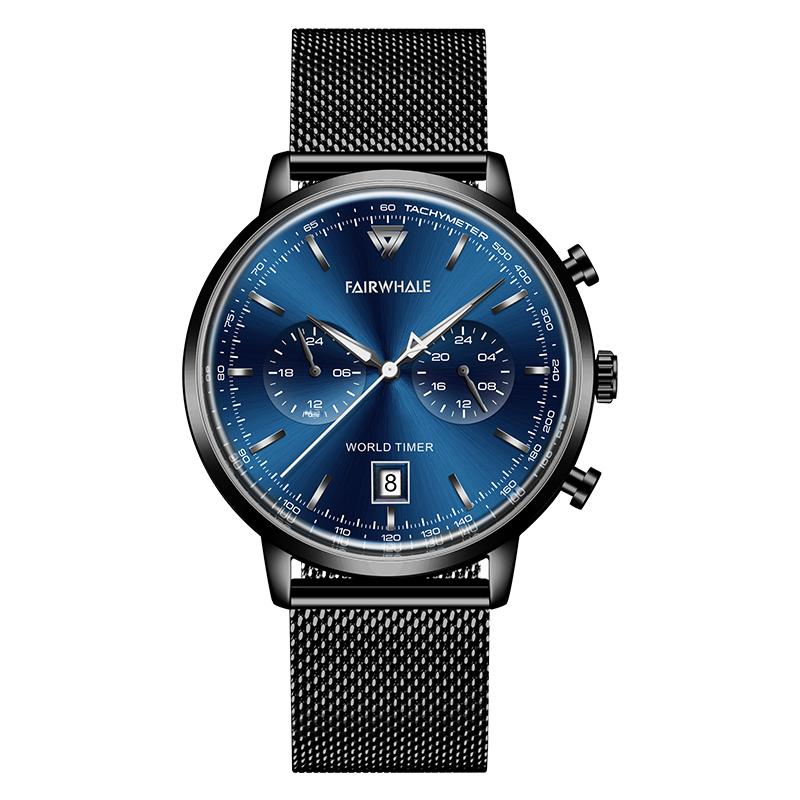 Mark Fairwhale Men's Quartz Watch Blue Dial Luminous Hands Stainless Steel Milanese Band Waterproof Business Wristwatch for Men