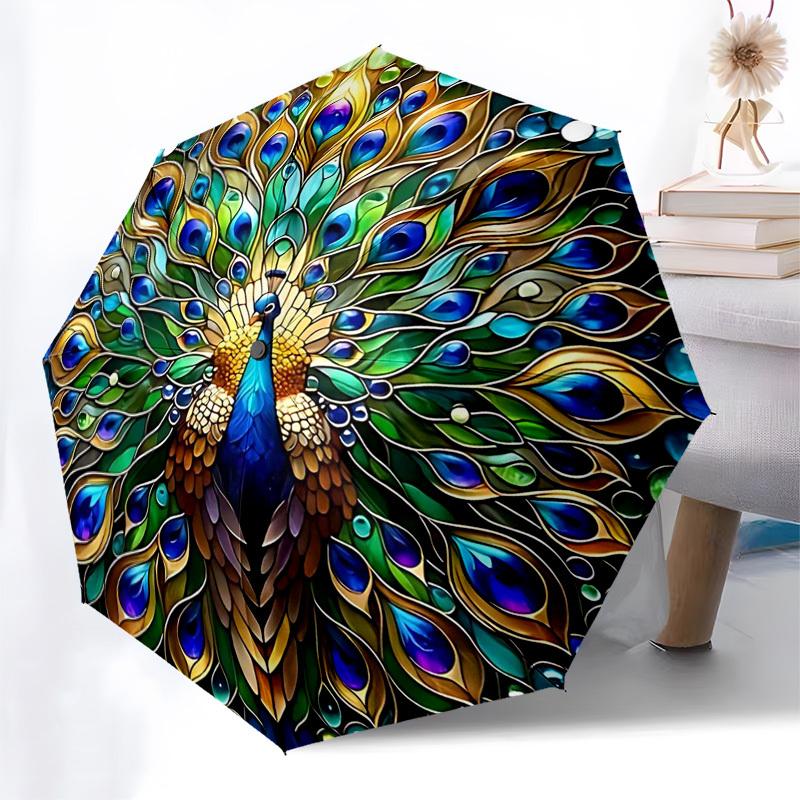 

1pc Stained Glass Peacock Design Automatic Opening/Closing Umbrella - Portable Tri-Fold Design with 8-Bone Iron Frame, Outdoor, Gift for Fans, Travele