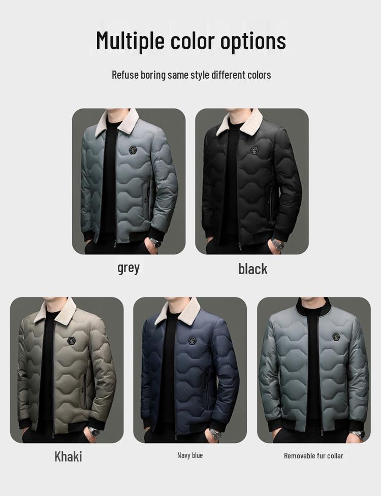 Men's Wool Collar Lightweight Down Jacket - Fashionable, Warm, Short Lapel Winter Coat for Middle-Aged