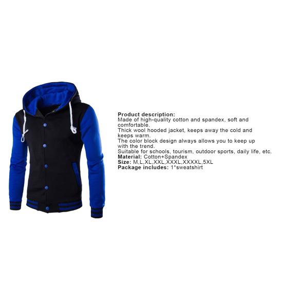 Fashion Men Winter Long Sleeve Varsity Jacket Single-breasted Warm Hoodie Coat