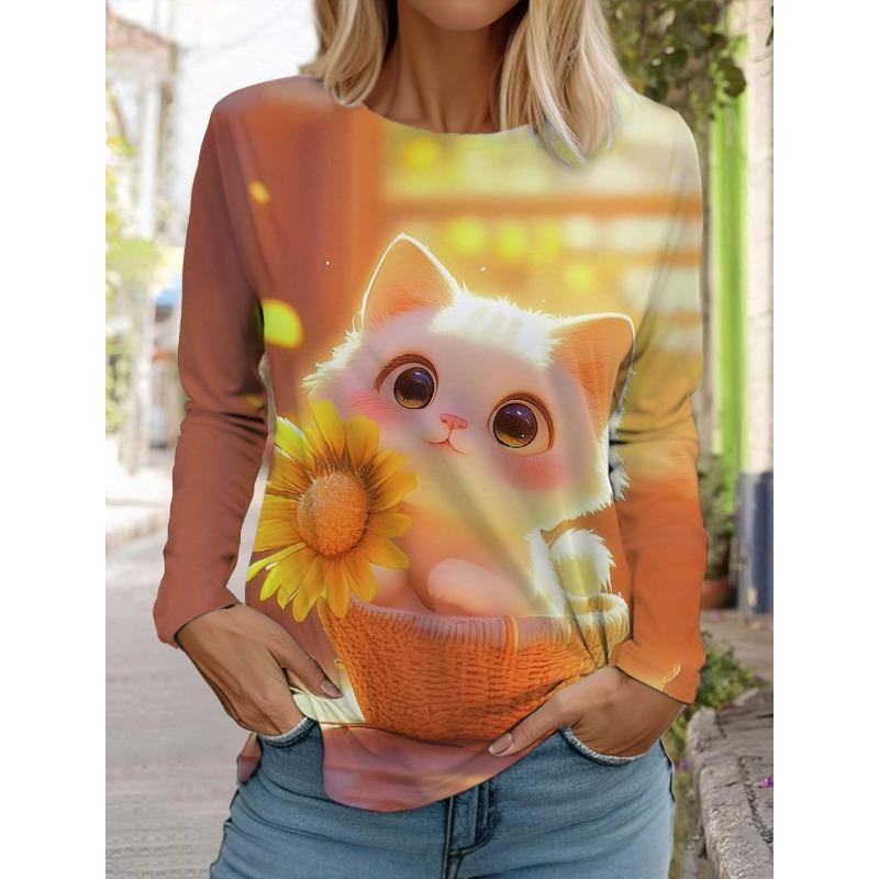 Maglietta da donna a maniche lunghe con gatto carino di Natale, girocollo, manica lunga, autunno, abbigliamento animale, moda festiva, maglietta da festa