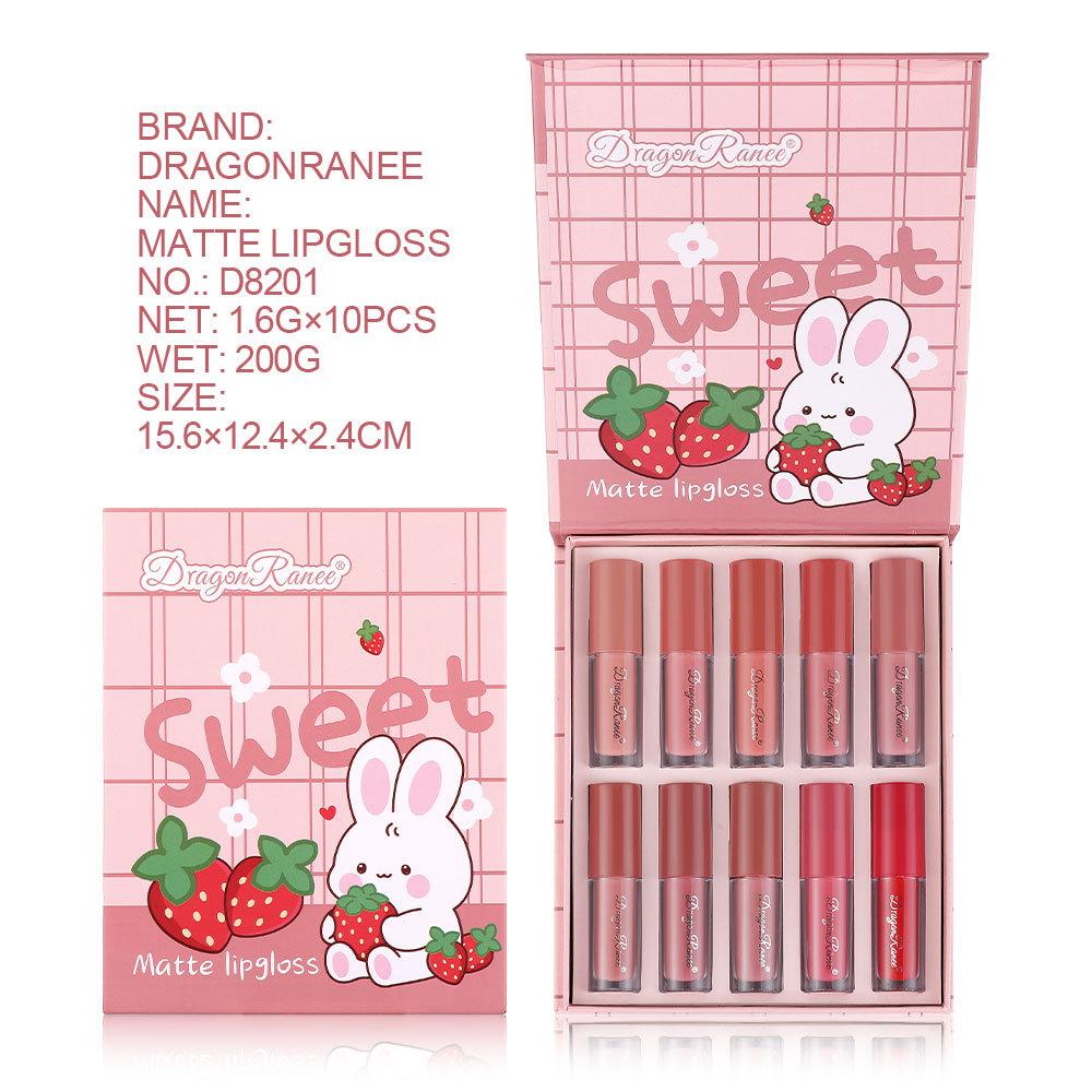 10-piece Lip Gloss Cartoon Set, Not Easy To Stick To Cups, Velvet Matte Lip Gloss Liquid Waterproof Lipstick Matte Cute Set Box