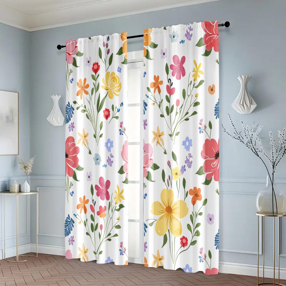 2pcs, Minimalist Curtains Vibrant Colorful Flowers Versatile Polyester (without Rod) Decorations For Home Perfect for Bedroom &